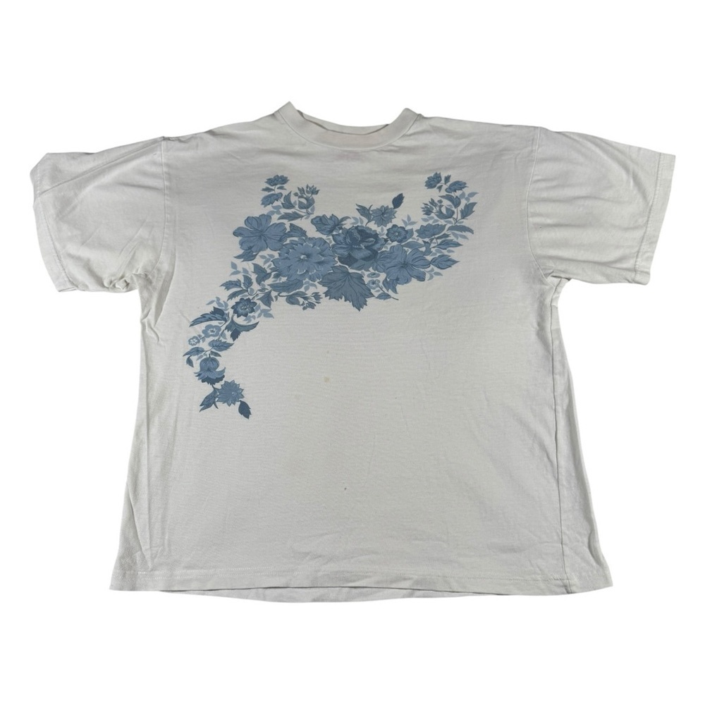90s Vintage Lady Footlocker Blue Floral Tee Made in Canada